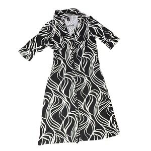 H&M Black‎ White Print Midi Dress Short Sleeve Button Front Size US 4